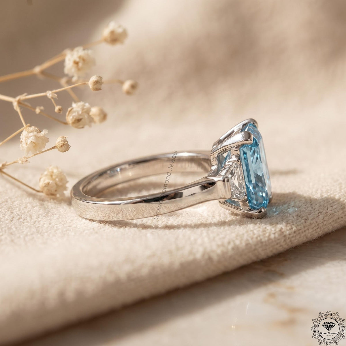 2 Ct Vivid Blue Radiant Lab Grown Diamond Three Stone Ring