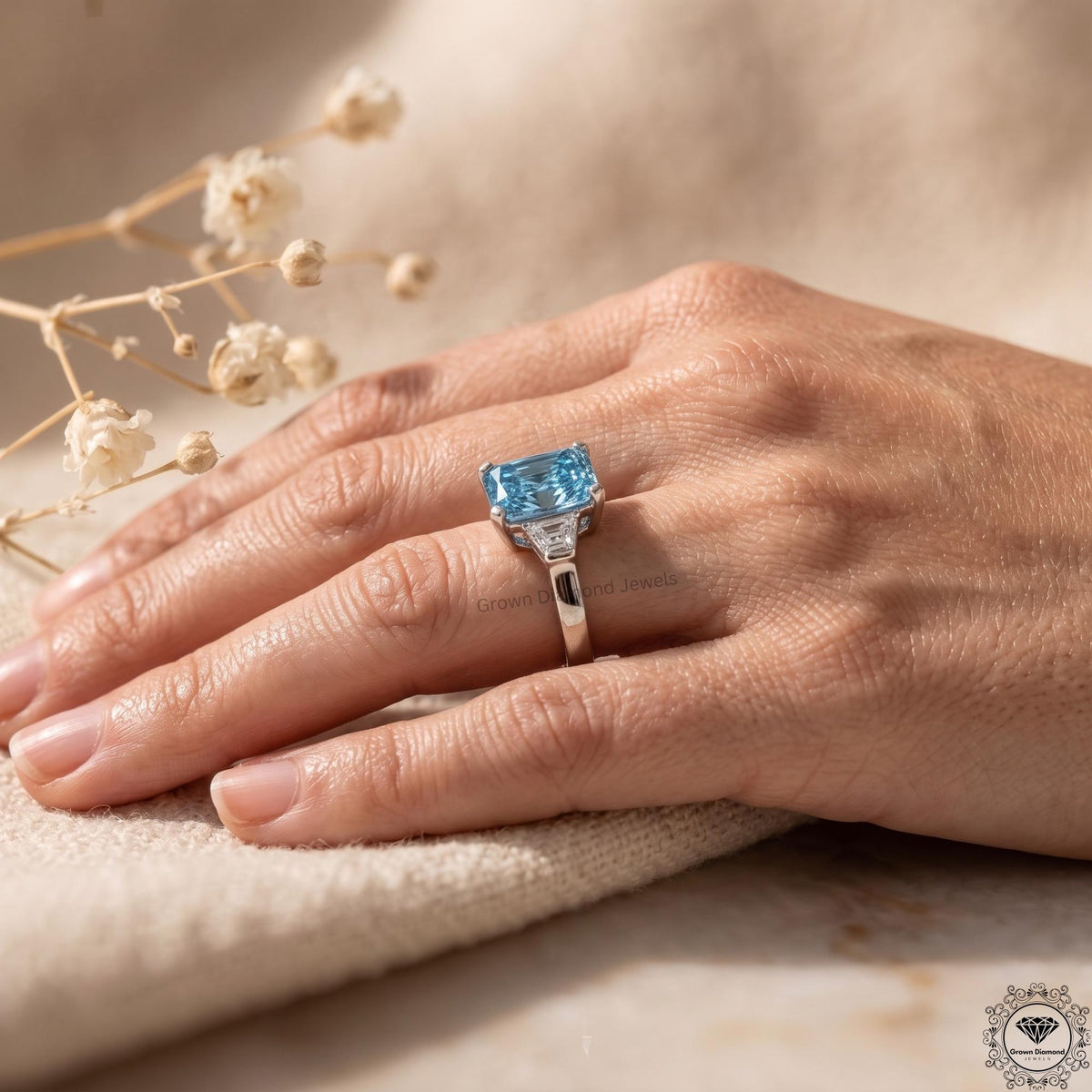 2 Ct Vivid Blue Radiant Lab Grown Diamond Three Stone Ring