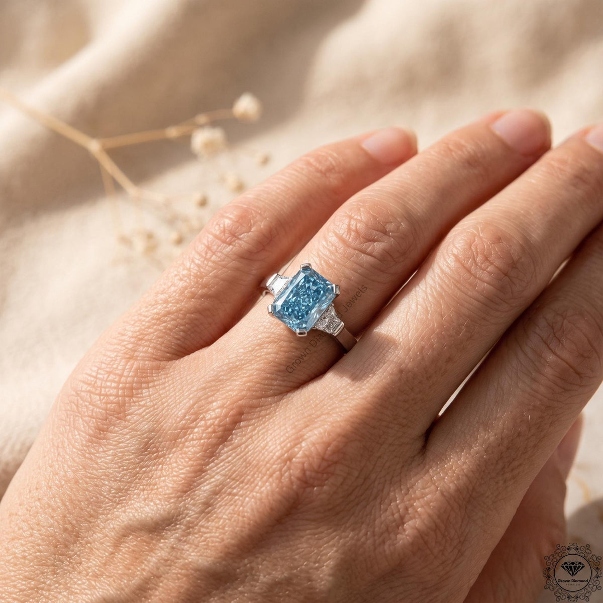 2 Ct Vivid Blue Radiant Lab Grown Diamond Three Stone Ring