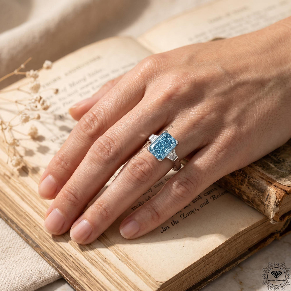 2 Ct Vivid Blue Radiant Lab Grown Diamond Three Stone Ring