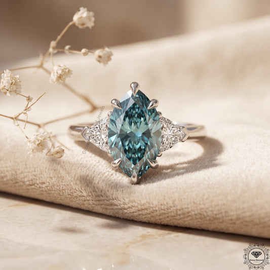 2 CT Marquise Vivid Blue Diamond 3 Stone Engagement Ring