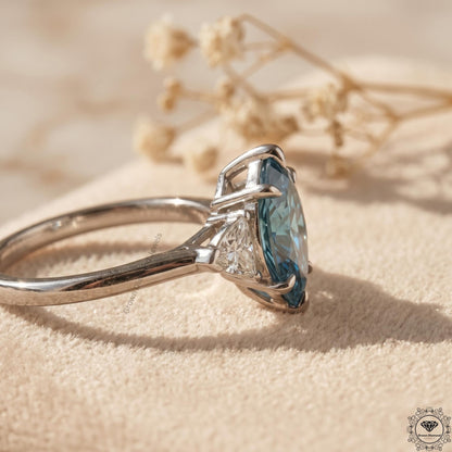 2 CT Marquise Vivid Blue Diamond 3 Stone Engagement Ring