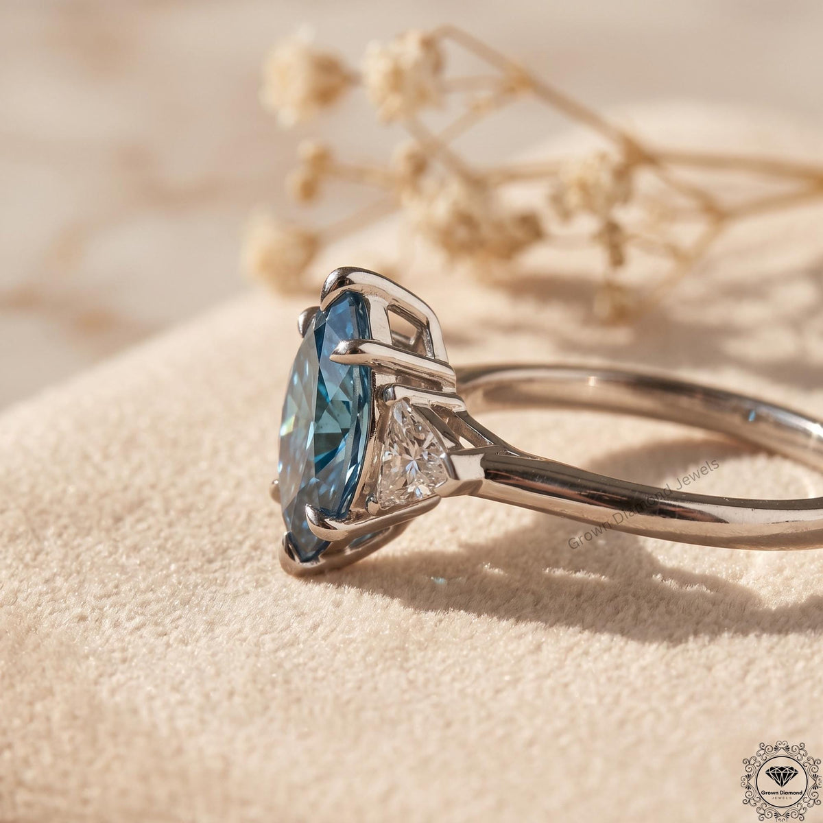 2 CT Marquise Vivid Blue Diamond 3 Stone Engagement Ring