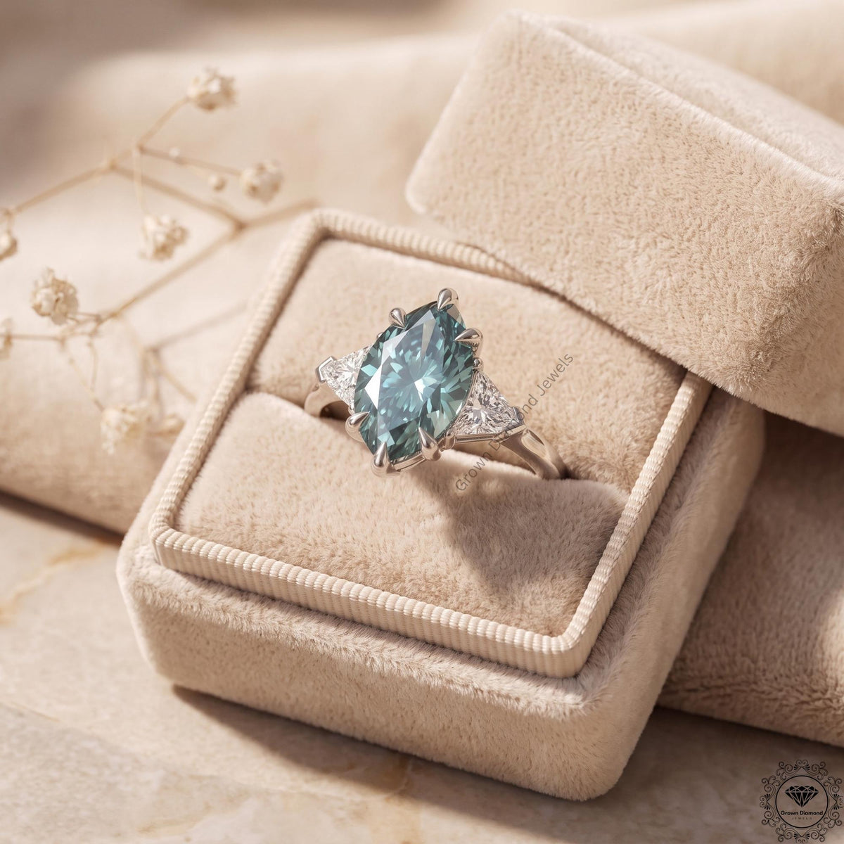 2 CT Marquise Vivid Blue Diamond 3 Stone Engagement Ring