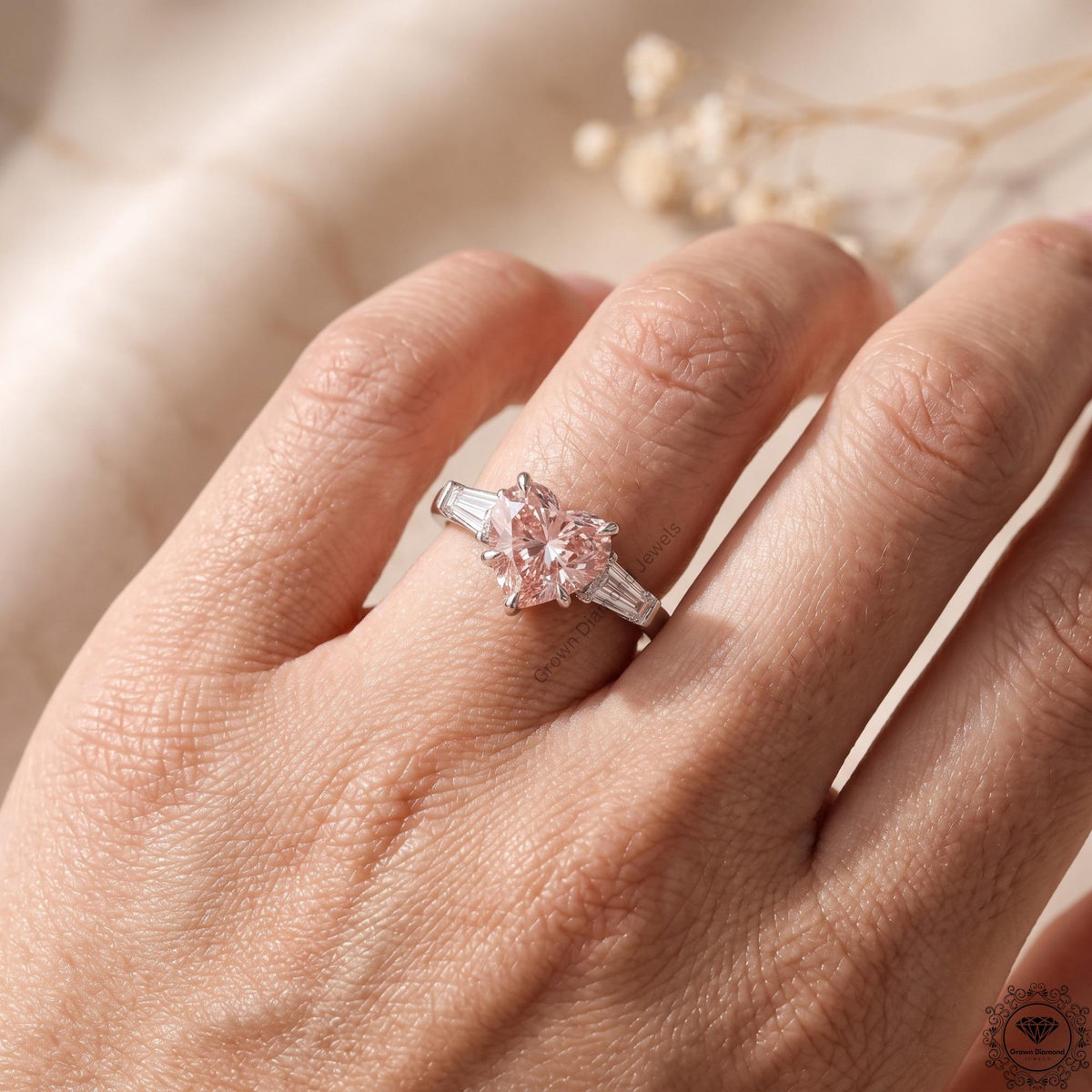 Pink Lab Grown Diamond Heart Cut 3 Stone Engagement Ring
