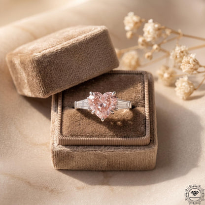 Pink Lab Grown Diamond Heart Cut 3 Stone Engagement Ring