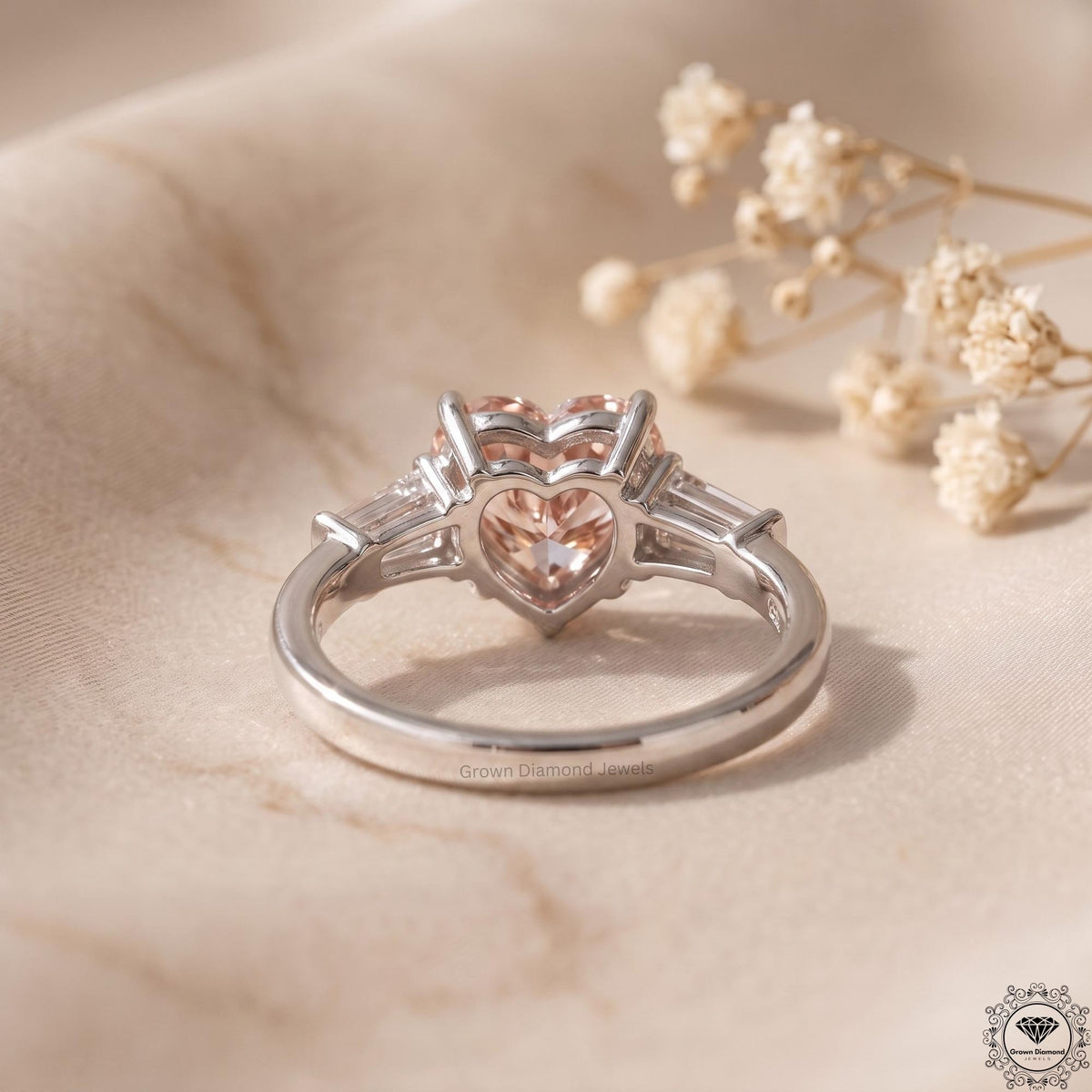 Pink Lab Grown Diamond Heart Cut 3 Stone Engagement Ring