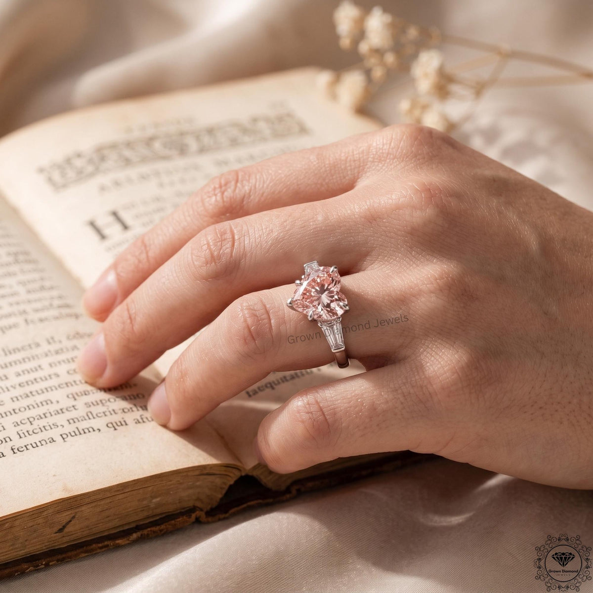 Pink Lab Grown Diamond Heart Cut 3 Stone Engagement Ring