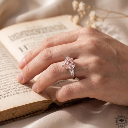 Pink Lab Grown Diamond Heart Cut 3 Stone Engagement Ring