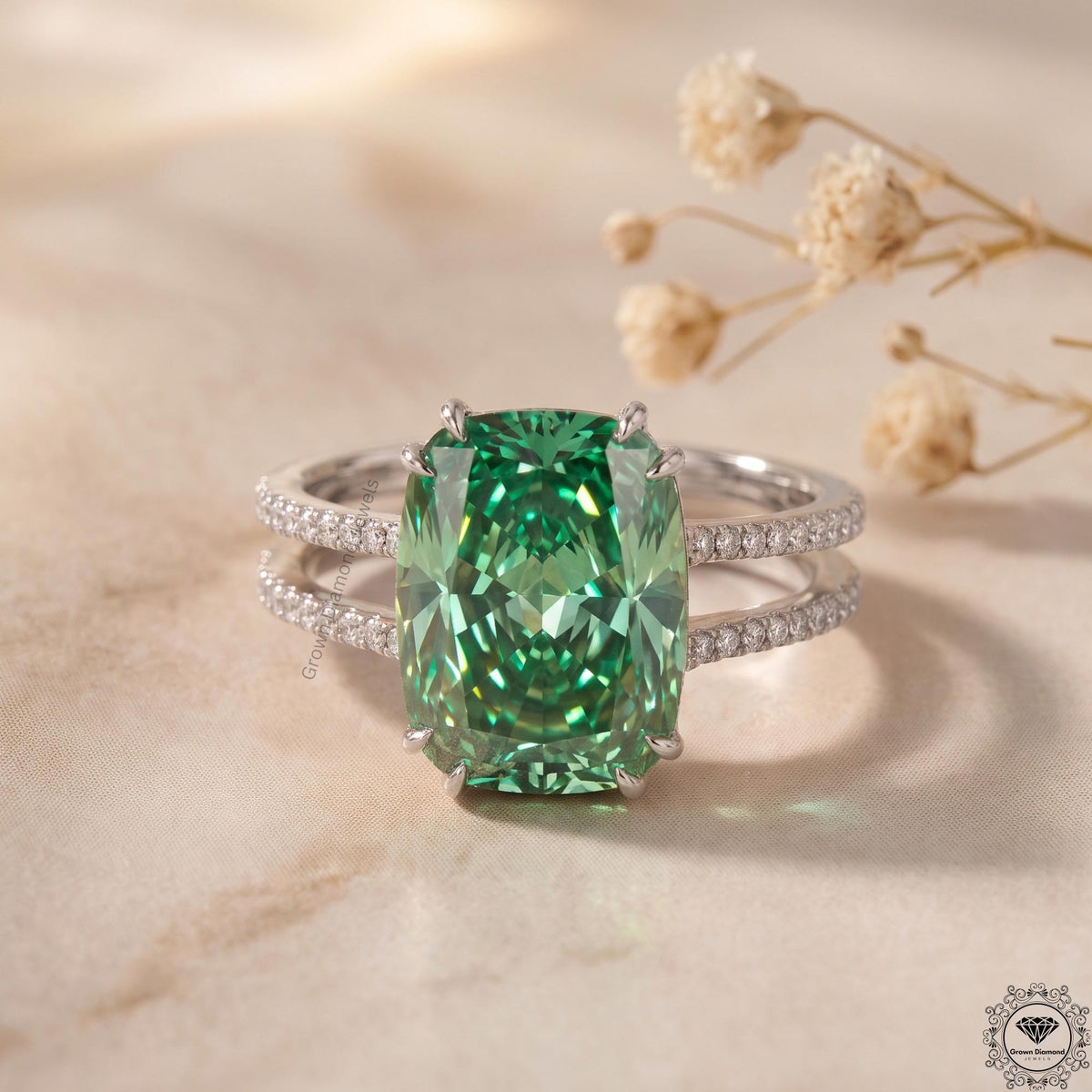 4CT Vivid Green Lab Grown Diamond Engagement Ring 14K Gold