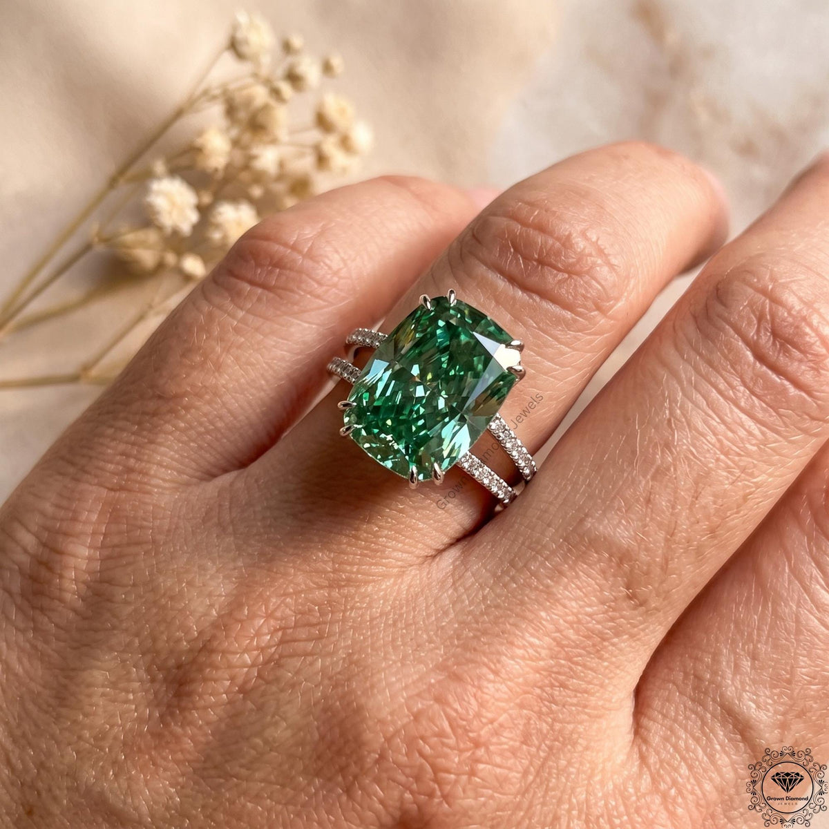 4CT Vivid Green Lab Grown Diamond Engagement Ring 14K Gold