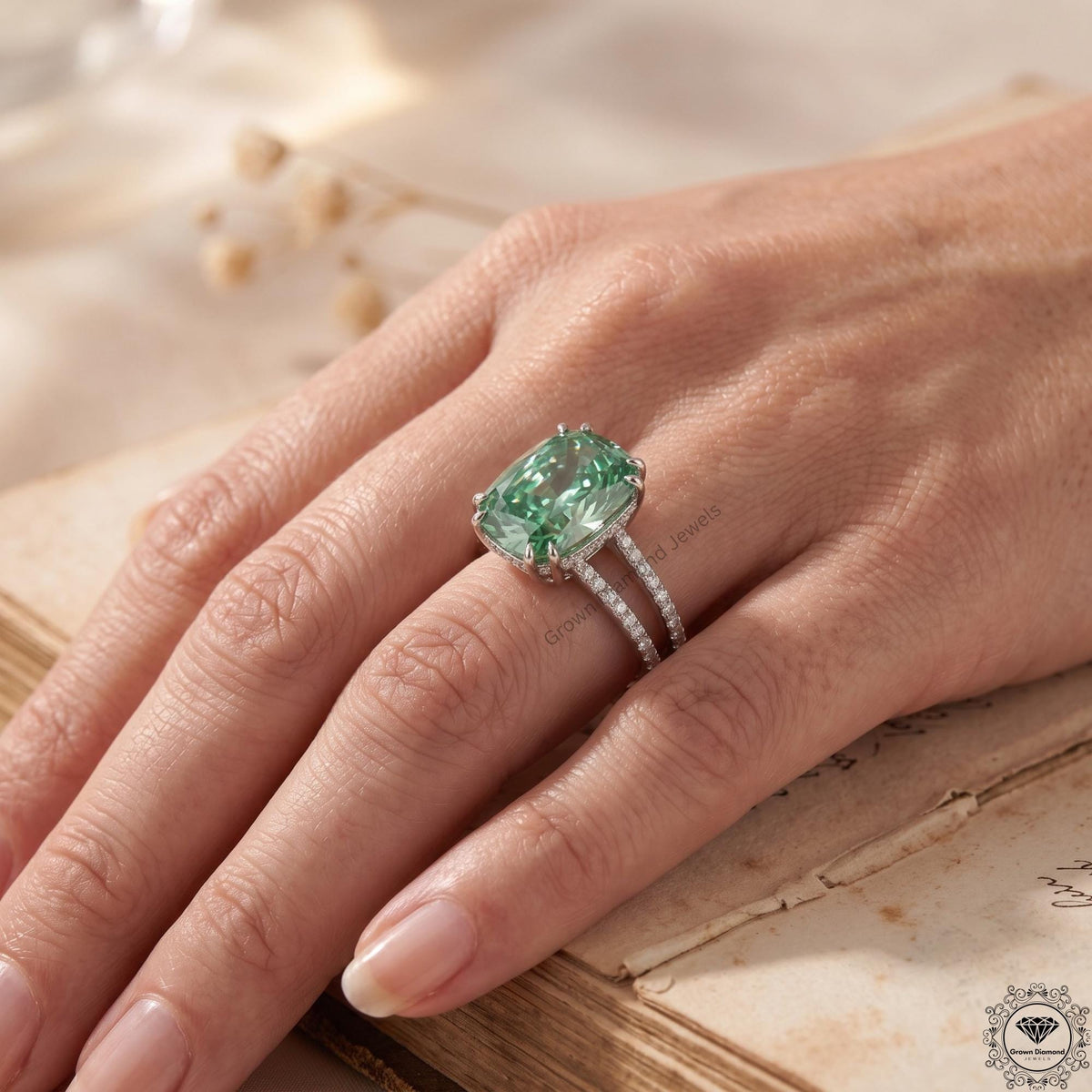 4CT Vivid Green Lab Grown Diamond Engagement Ring 14K Gold