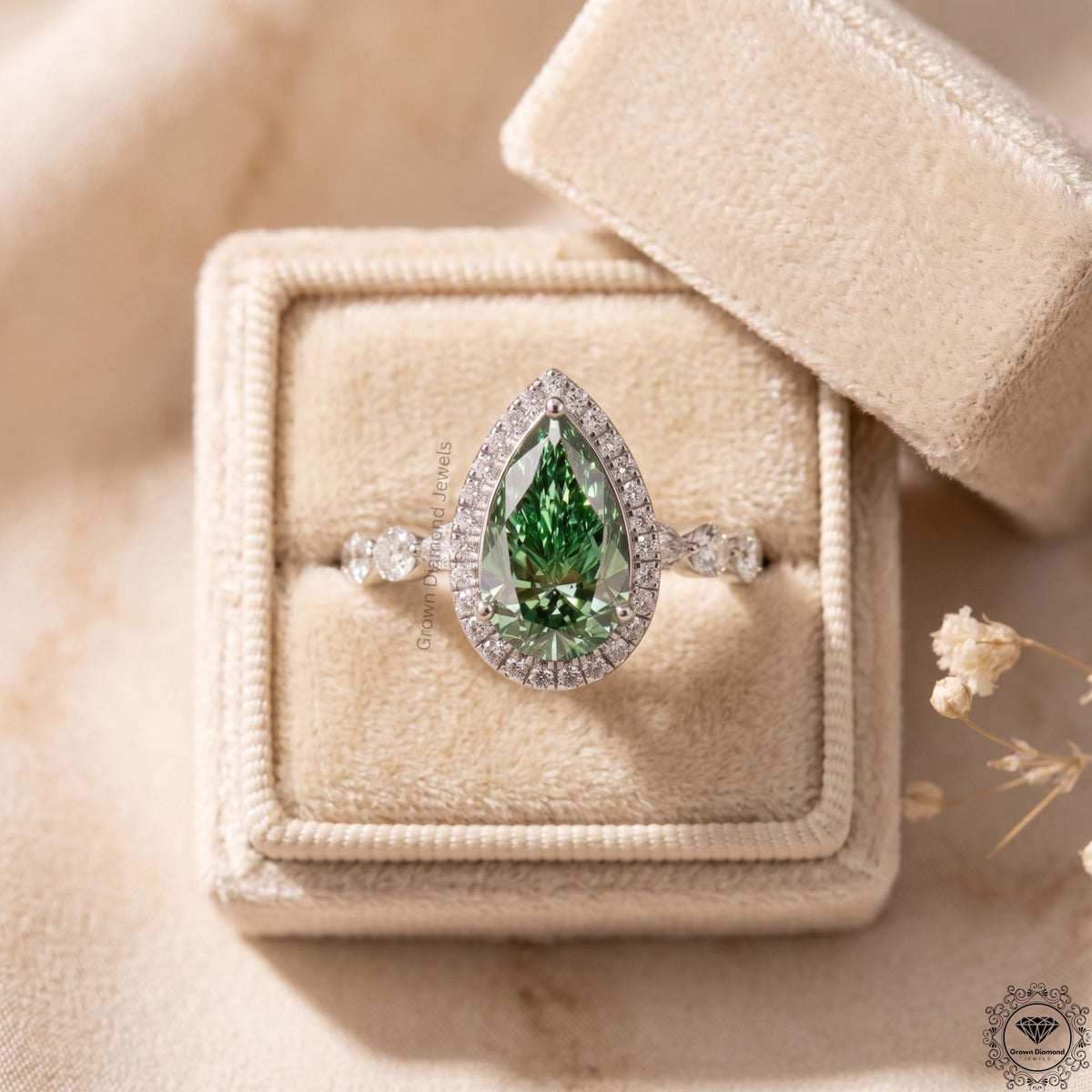 Pear Cut Green Lab Grown Diamond Engagement Ring 14K Gold