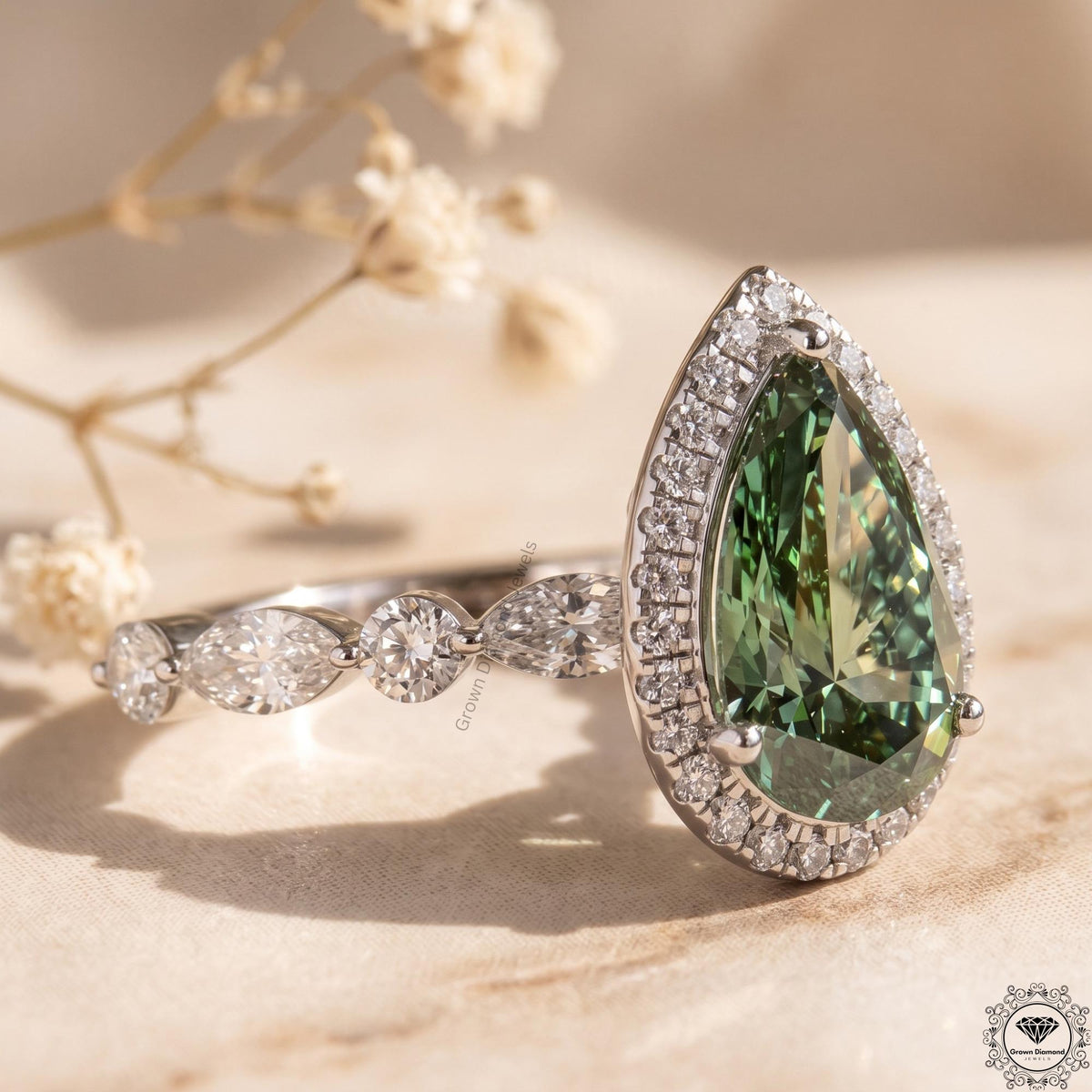 Pear Cut Green Lab Grown Diamond Engagement Ring 14K Gold