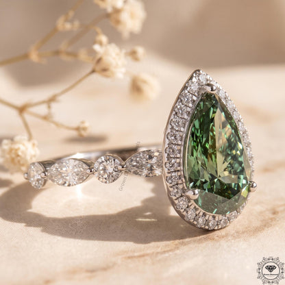 Pear Cut Green Lab Grown Diamond Engagement Ring 14K Gold