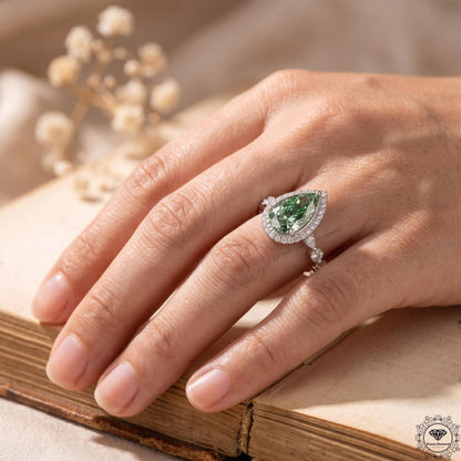Pear Cut Green Lab Grown Diamond Engagement Ring 14K Gold