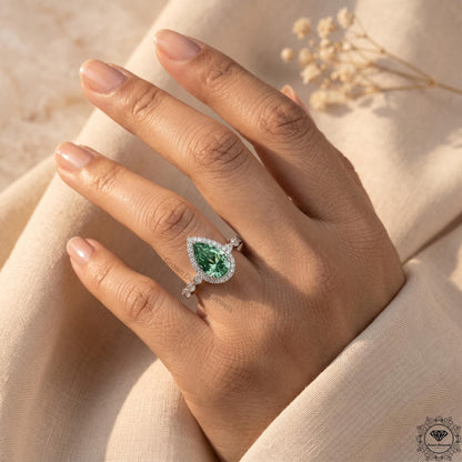 Pear Cut Green Lab Grown Diamond Engagement Ring 14K Gold