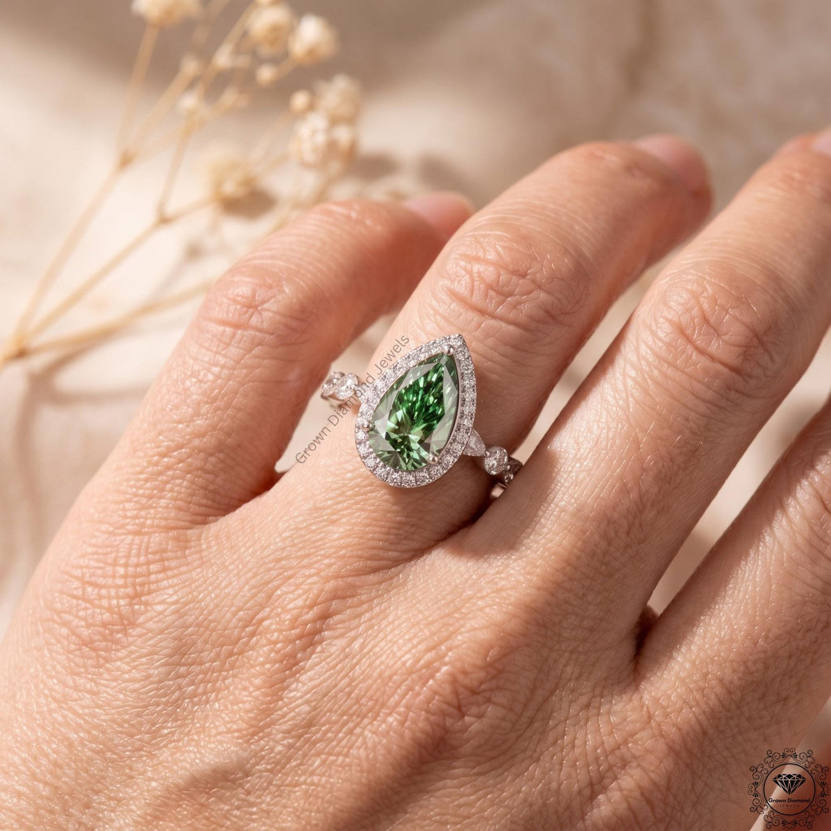 Pear Cut Green Lab Grown Diamond Engagement Ring 14K Gold