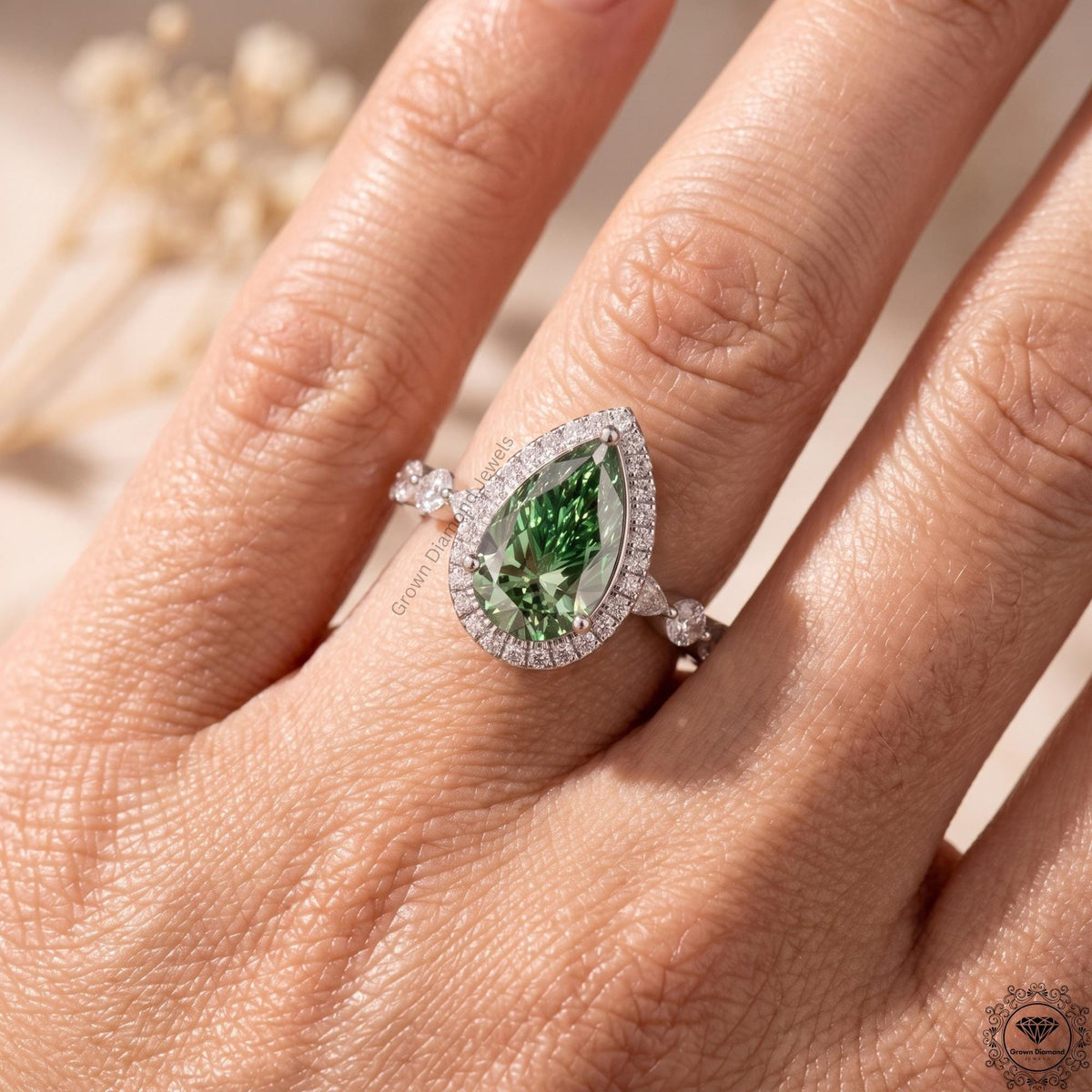Pear Cut Green Lab Grown Diamond Engagement Ring 14K Gold