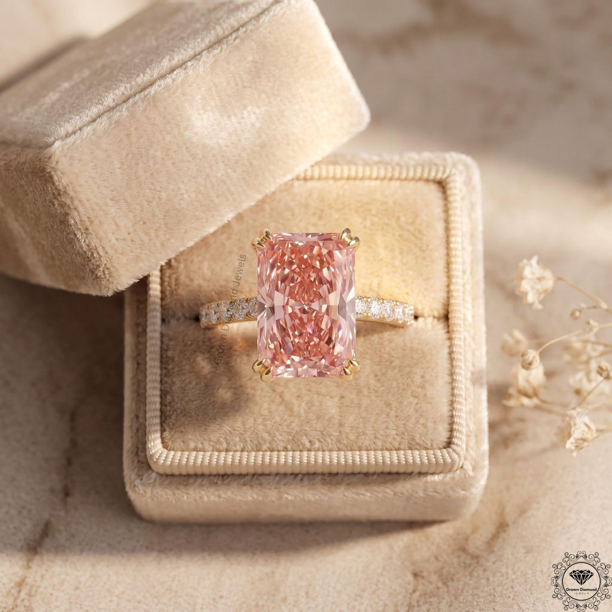 3 Carat Intense Pink Radiant Lab Grown Diamond Ring 14k Gold