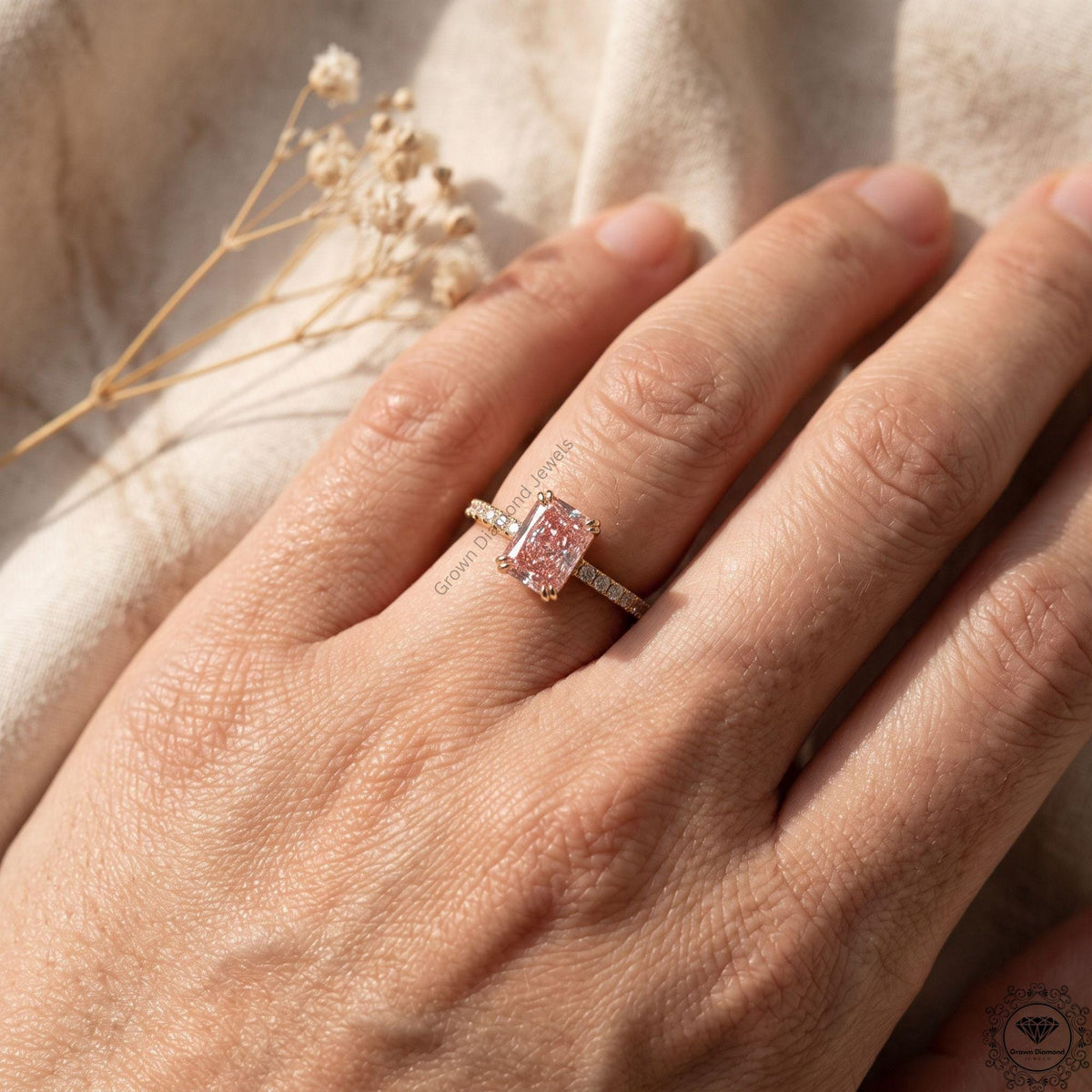 3 Carat Intense Pink Radiant Lab Grown Diamond Ring 14k Gold