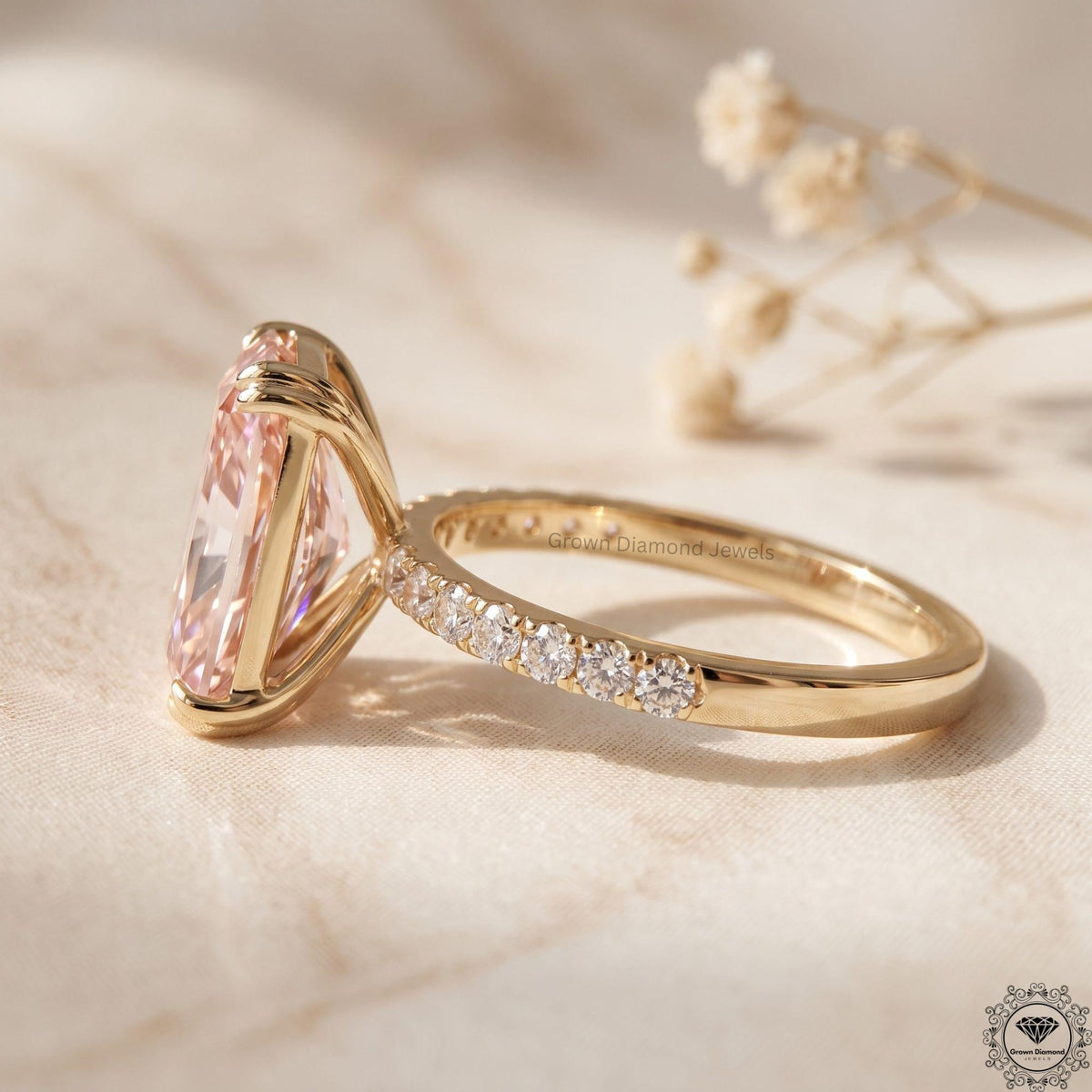 3 Carat Intense Pink Radiant Lab Grown Diamond Ring 14k Gold