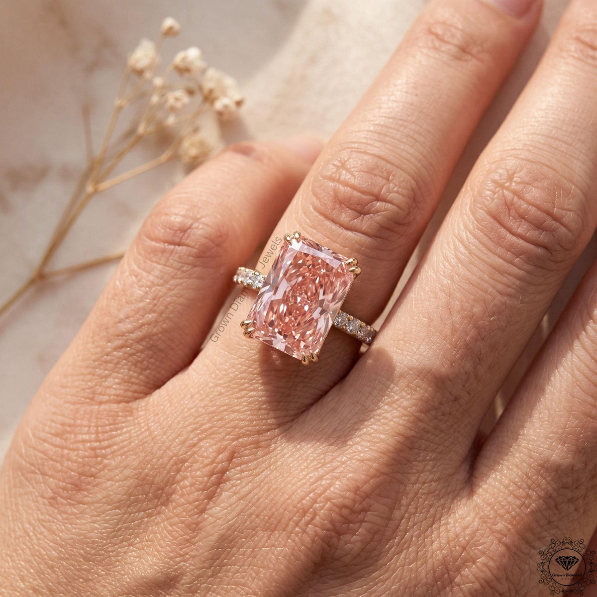 3 Carat Intense Pink Radiant Lab Grown Diamond Ring 14k Gold