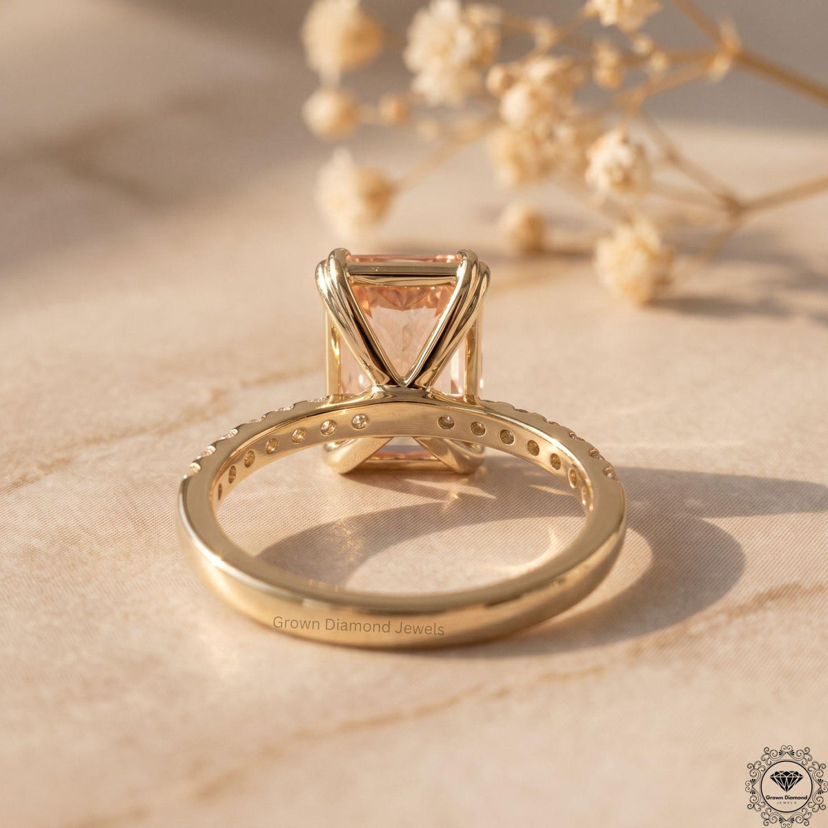3 Carat Intense Pink Radiant Lab Grown Diamond Ring 14k Gold