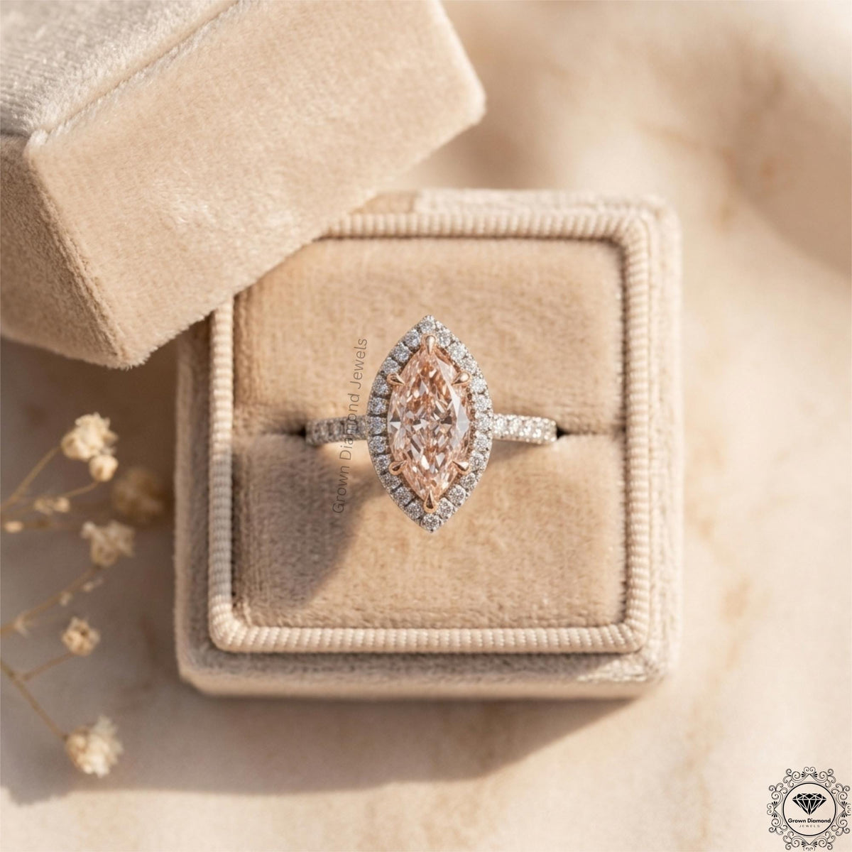 2 Ct Pink Marquise Lab Grown Diamond Halo Engagement Ring