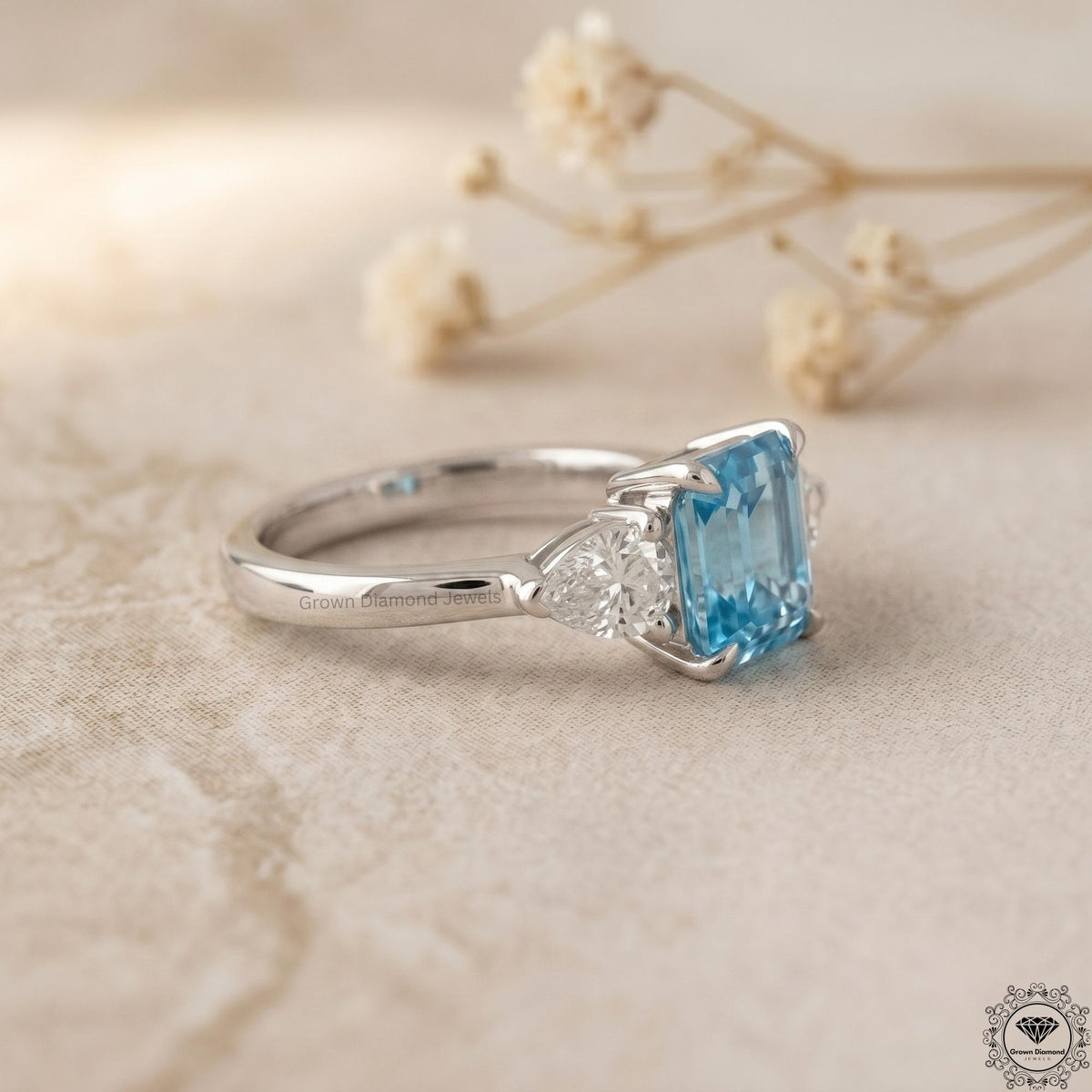 2ct Intense Blue Lab Diamond Asscher Cut Three Stone Ring