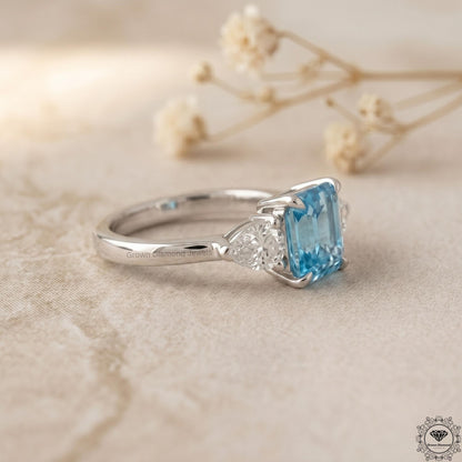 2ct Intense Blue Lab Diamond Asscher Cut Three Stone Ring