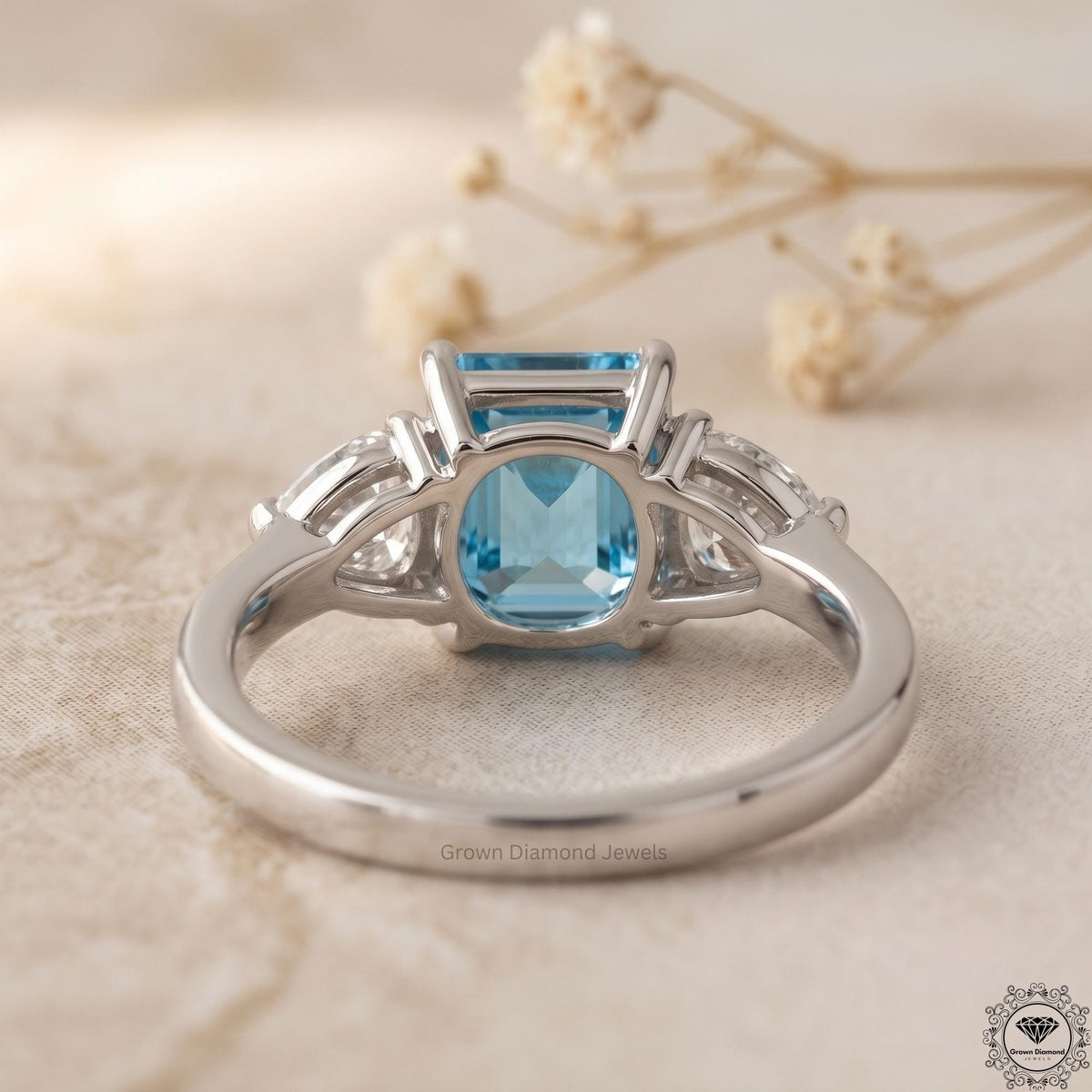 2ct Intense Blue Lab Diamond Asscher Cut Three Stone Ring