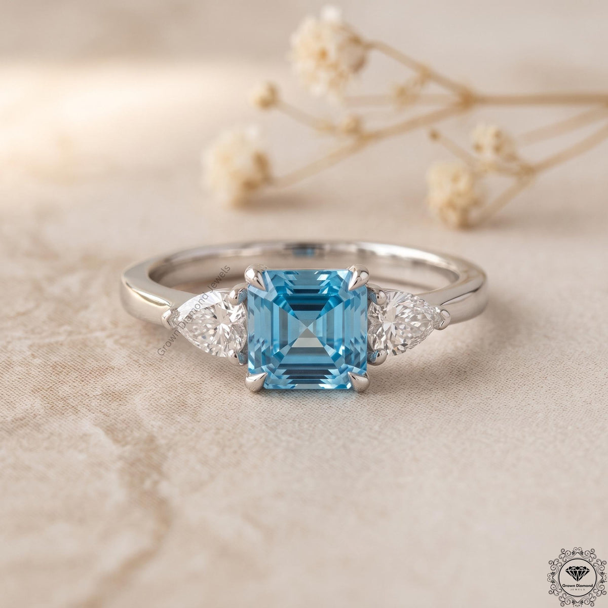 2ct Intense Blue Lab Diamond Asscher Cut Three Stone Ring