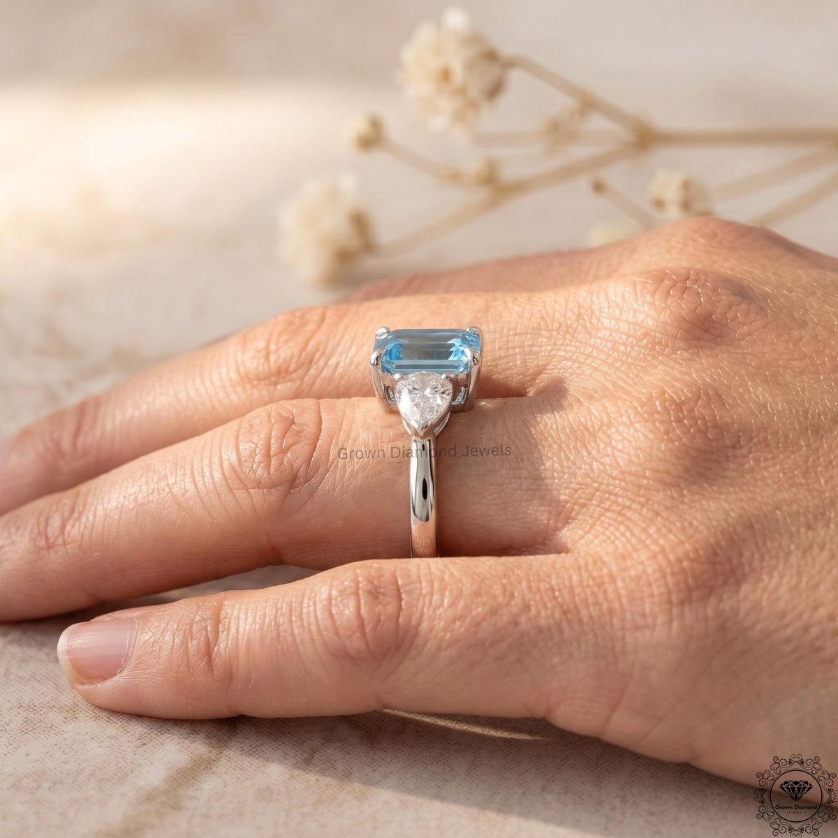 2ct Intense Blue Lab Diamond Asscher Cut Three Stone Ring