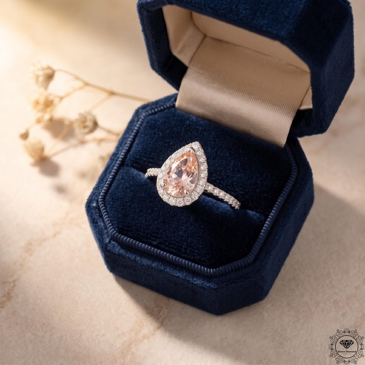 2ct Pink Pear Lab Grown Diamond Halo Engagement Ring