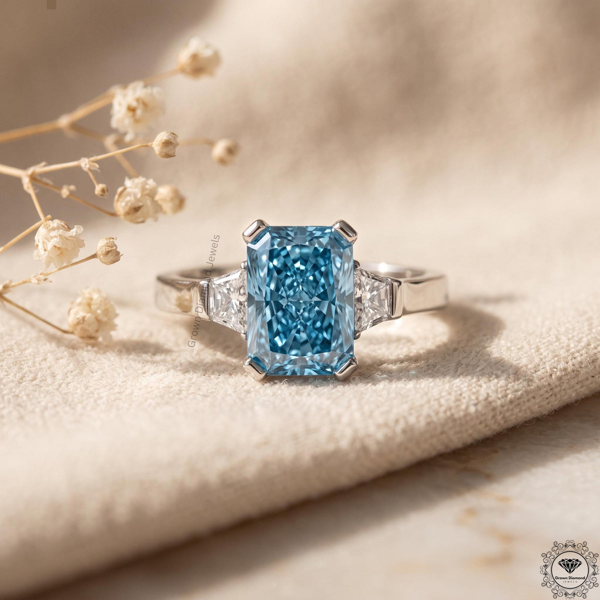 2 Ct Vivid Blue Radiant Lab Grown Diamond Three Stone Ring