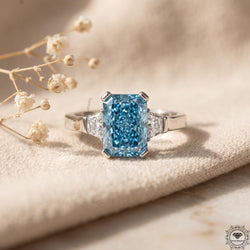 2 Ct Vivid Blue Radiant Lab Grown Diamond Three Stone Ring