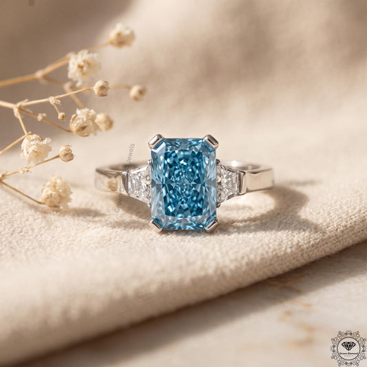 2 Ct Vivid Blue Radiant Lab Grown Diamond Three Stone Ring