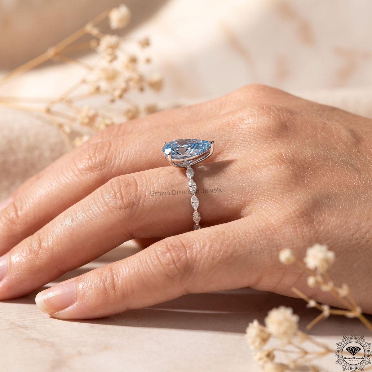 5CT Vivid Blue Pear Lab Grown Diamond Engagement Ring