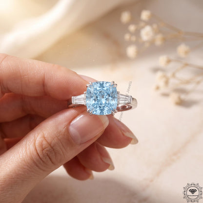 3ct Blue Lab Grown Diamond Cushion 3-Stone Engagement Ring