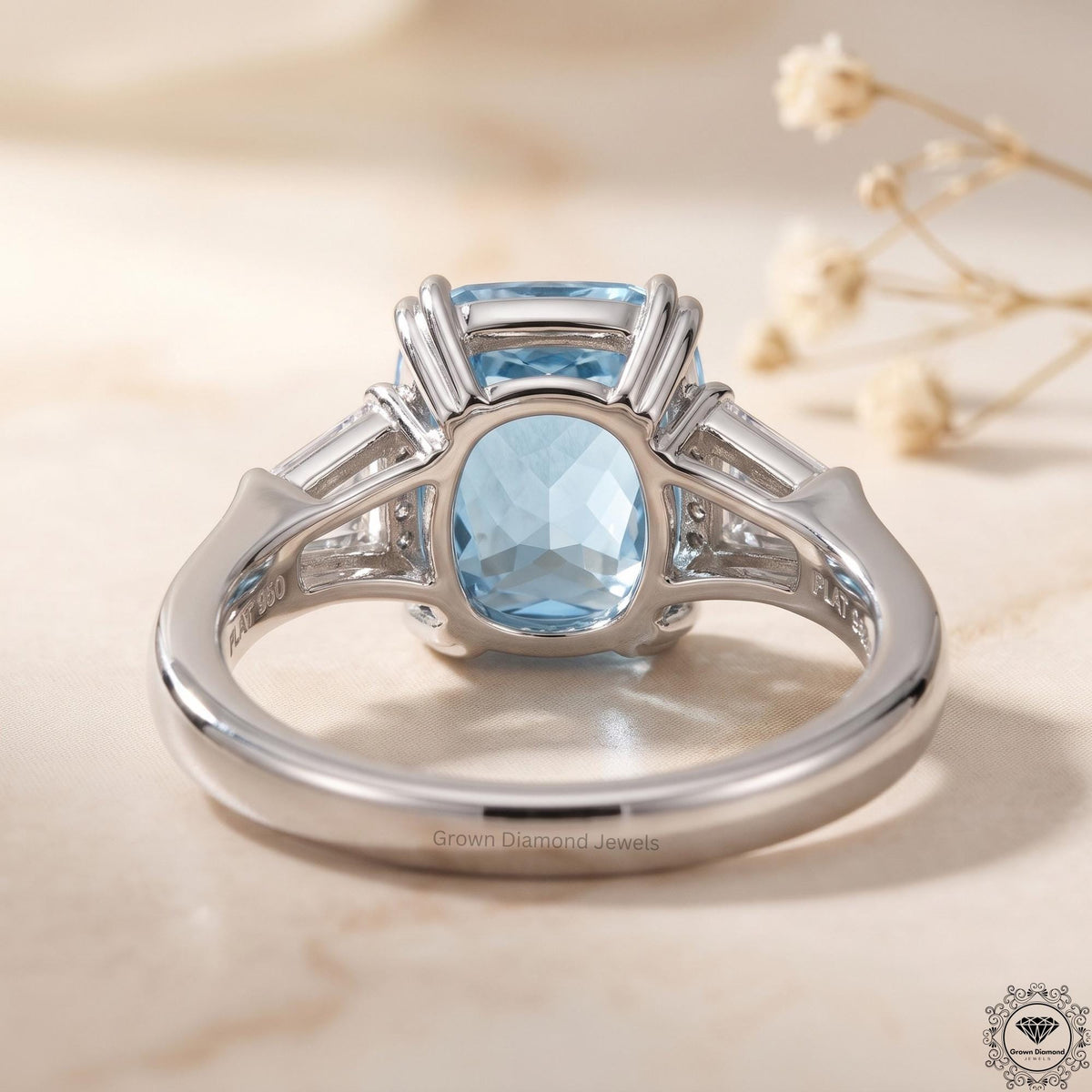 3ct Blue Lab Grown Diamond Cushion 3-Stone Engagement Ring