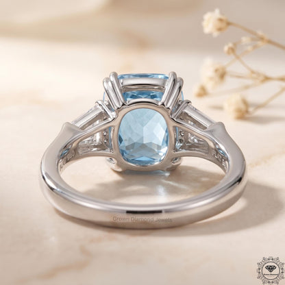 3ct Blue Lab Grown Diamond Cushion 3-Stone Engagement Ring