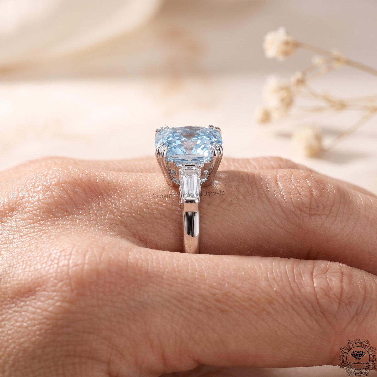 3ct Blue Lab Grown Diamond Cushion 3-Stone Engagement Ring
