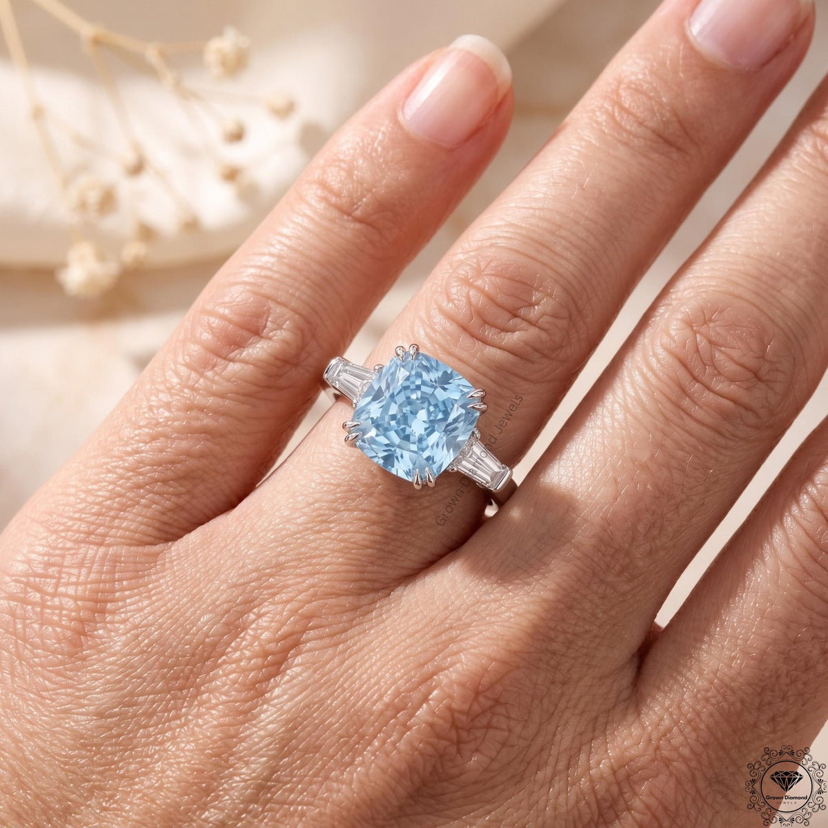 3ct Blue Lab Grown Diamond Cushion 3-Stone Engagement Ring