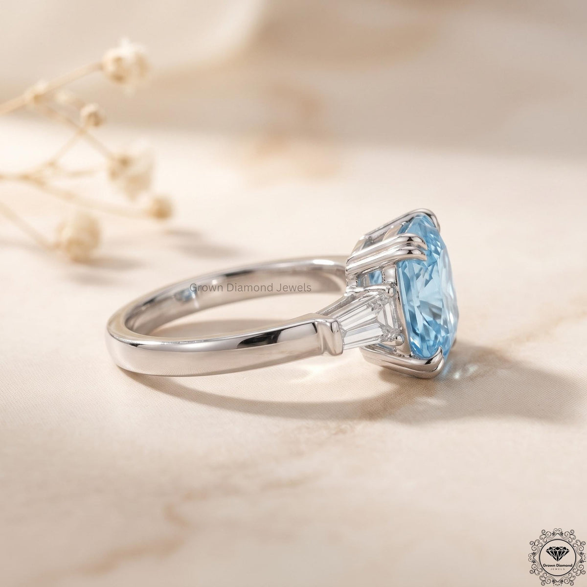 3ct Blue Lab Grown Diamond Cushion 3-Stone Engagement Ring