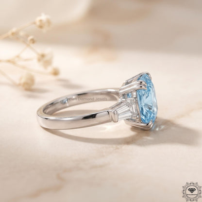 3ct Blue Lab Grown Diamond Cushion 3-Stone Engagement Ring