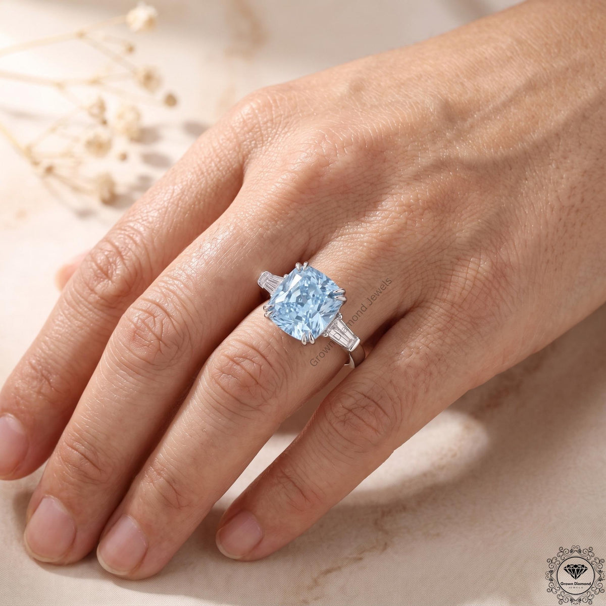 3ct Blue Lab Grown Diamond Cushion 3-Stone Engagement Ring