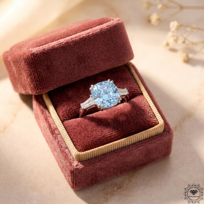 3ct Blue Lab Grown Diamond Cushion 3-Stone Engagement Ring