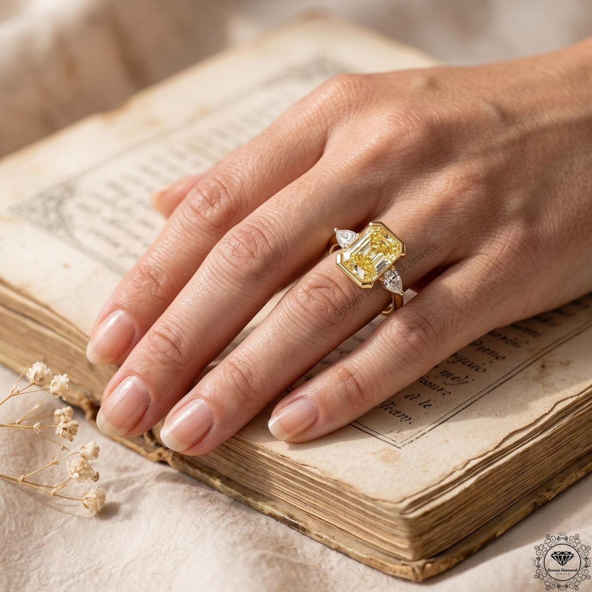 2.5ct Vivid Yellow Radiant Cut Lab Grown Diamond 3-Stone Ring