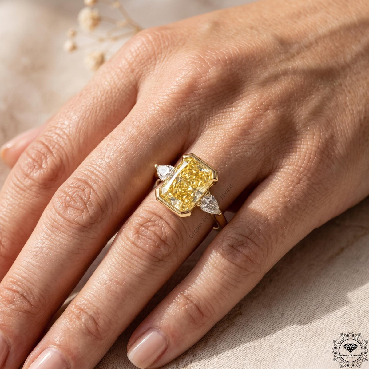 2.5ct Vivid Yellow Radiant Cut Lab Grown Diamond 3-Stone Ring